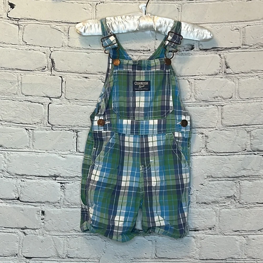 OshKosh B’Gosh Blue Green Plaid Short Overalls Boy’s Size 18 Months